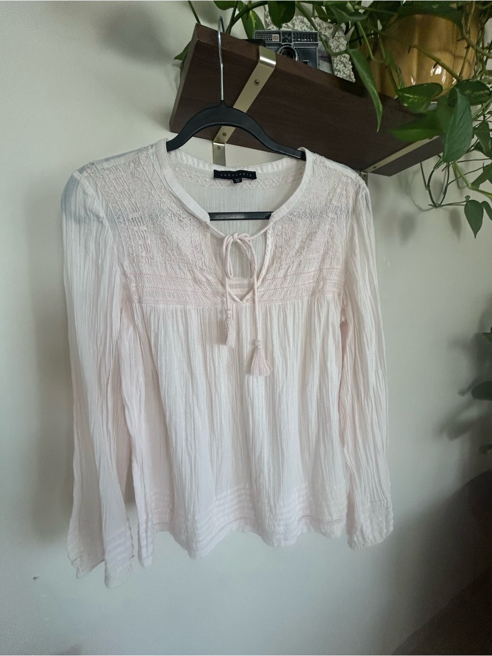 Sanctuary Pale Pink Boho Peasant Blouse with Tassel Tie